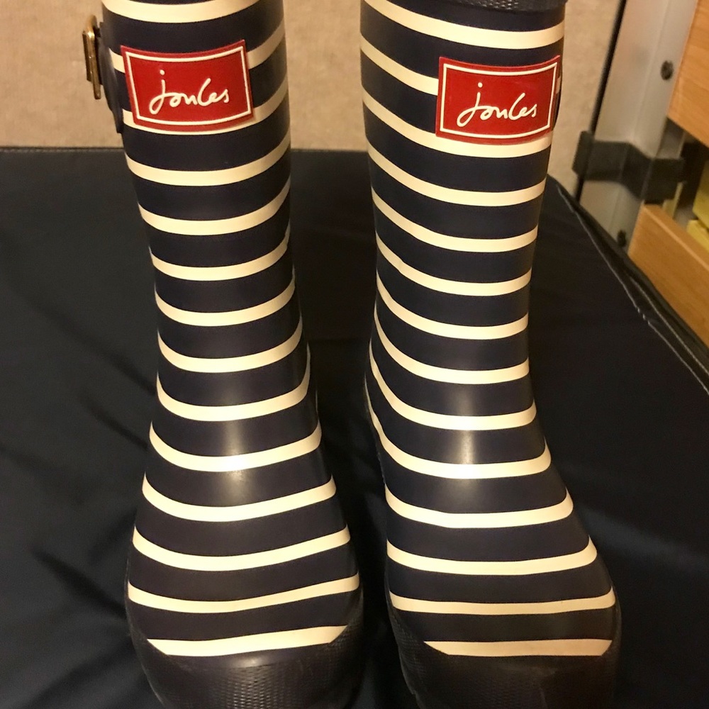Joules navy and white stripe rain boots
